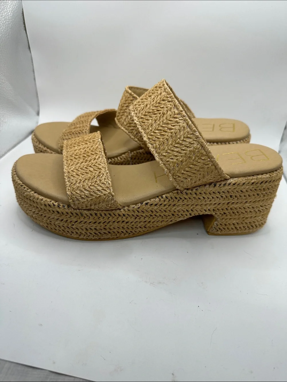 Woven Dual-Strap Platform Slides in Natural Tan size 10